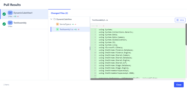 The Pull Results window displays ttwo items pulled with the Changed Files tab showing a new file added
